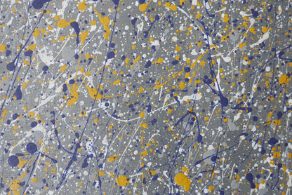 Bespoke original acrylic abstract painting 40cm x 40cm x 1.7cm.  Grey, yellow, blue, Pollock style